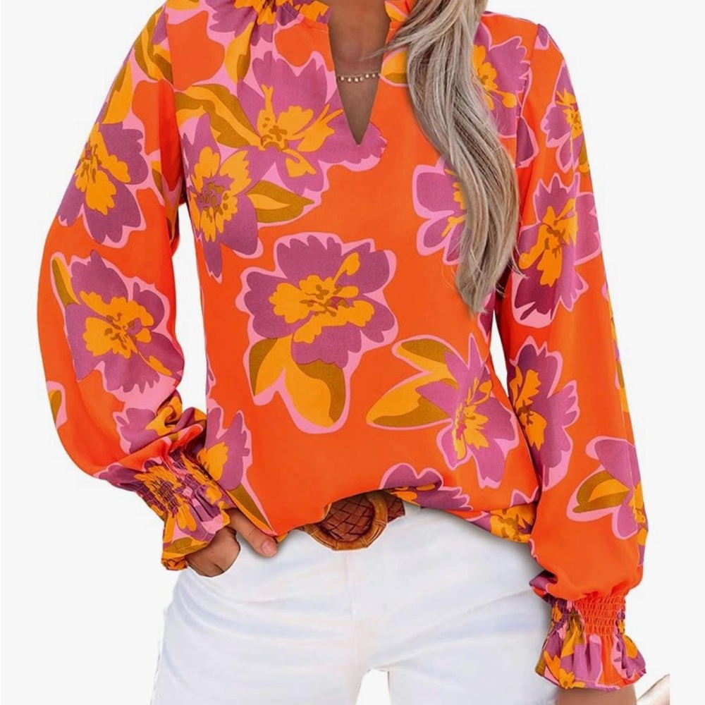 Floral Ruffle Blouse in Orange and Pink